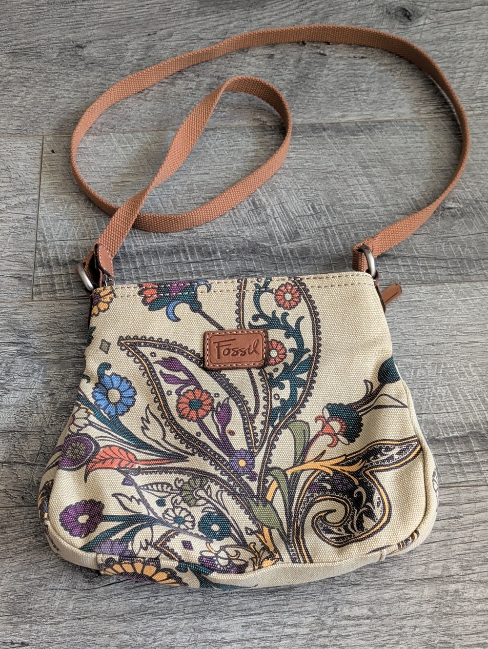 Vintage Fossil Beige Paisley-Print Crossbody with Tan Strap
